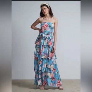 NWT 🏷️ Floral-Print Strapless Tiered Maxi Dress size S